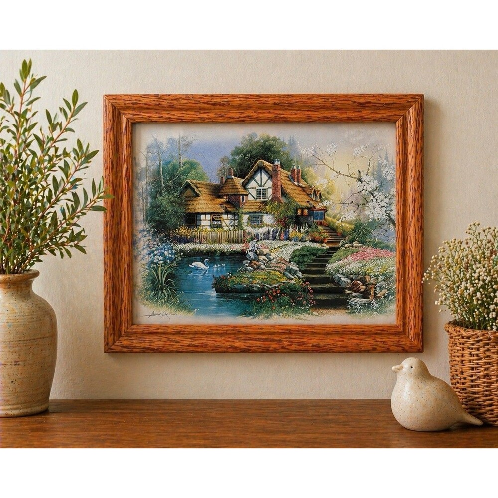 Vintage Andres Orpinas Cottage 1 Garden Swan Scene Framed Print Signed 11.5x9.5